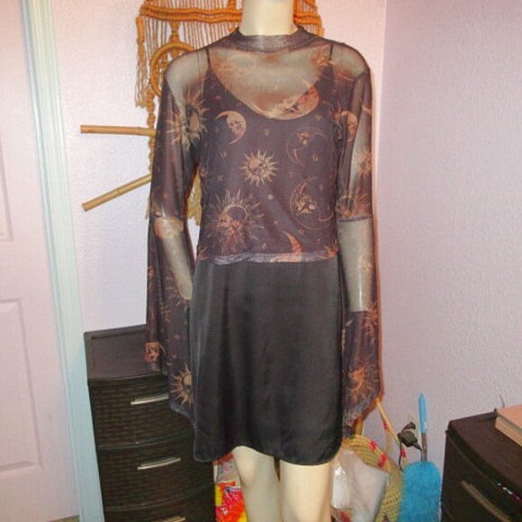 Cosmic Sheer Mesh Sun & Moon Skull Crop Top Size M Celestial Goth Witchy Emo Y2K - Picture 2 of 11